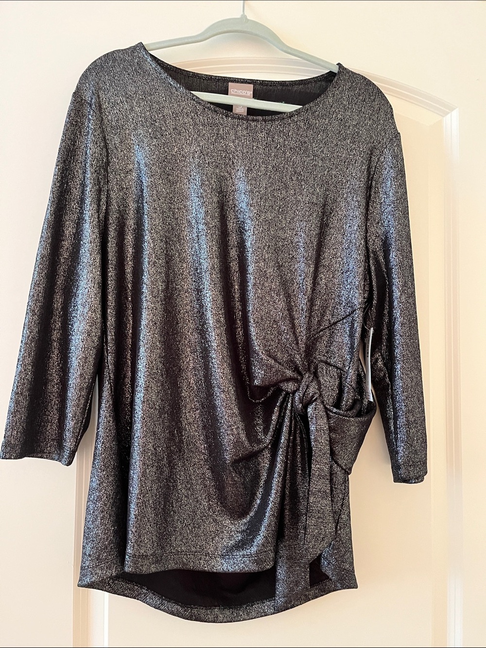 Chico's Metallic Knot-Front Top - Black/Silver, XL, size 3 NWT